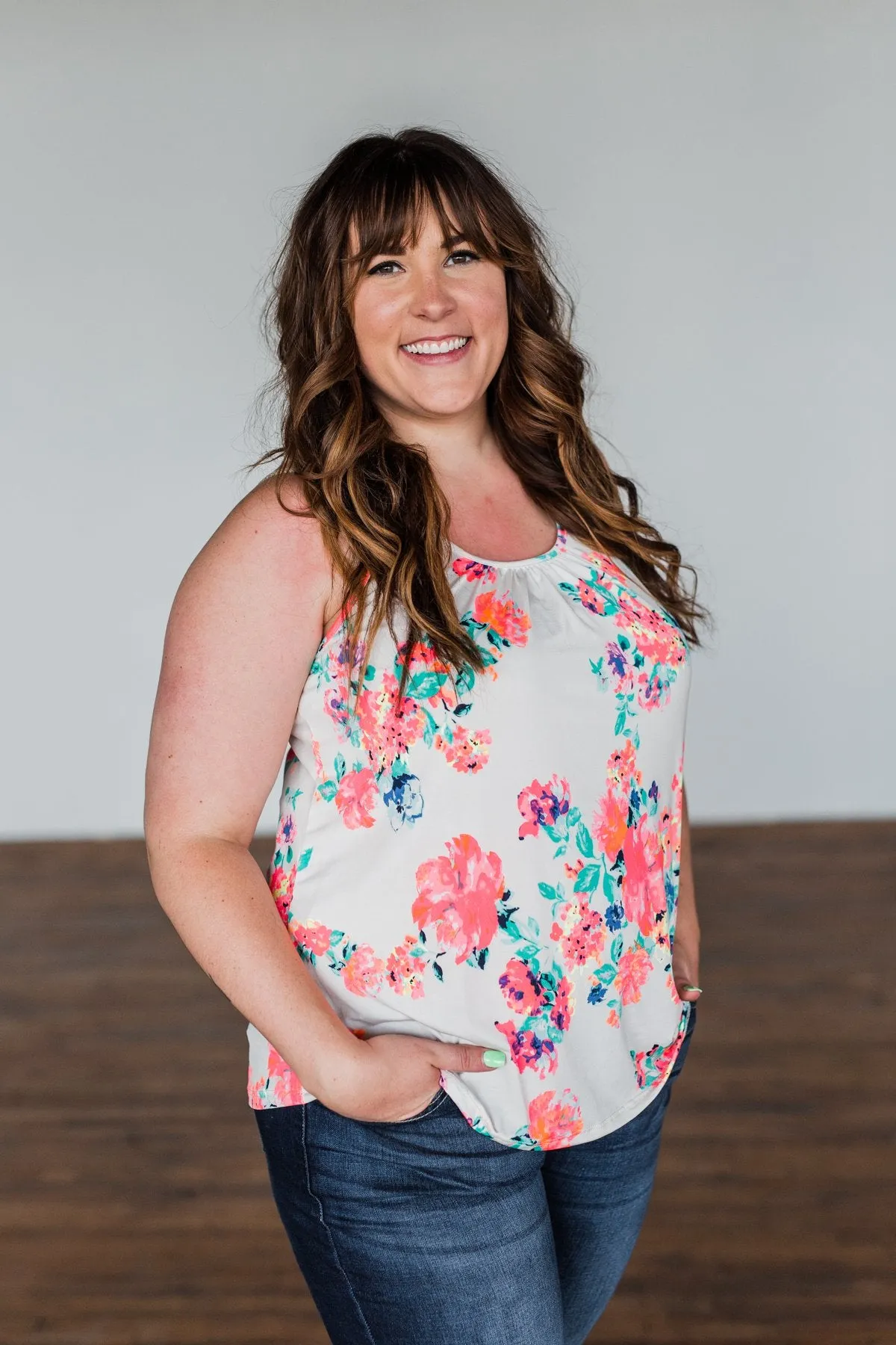 A Bright Floral Summer Tank- Ivory