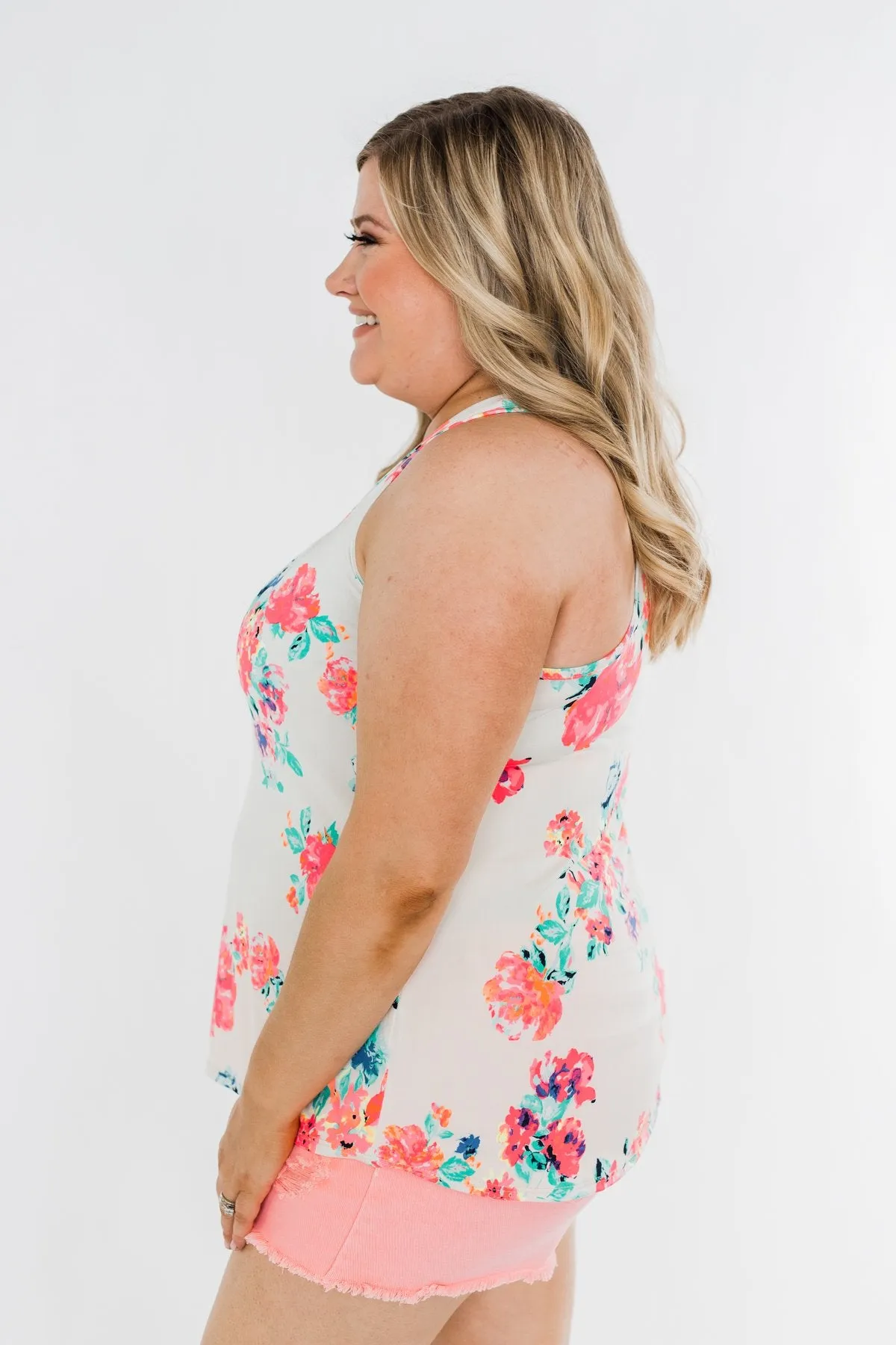 A Bright Floral Summer Tank- Ivory