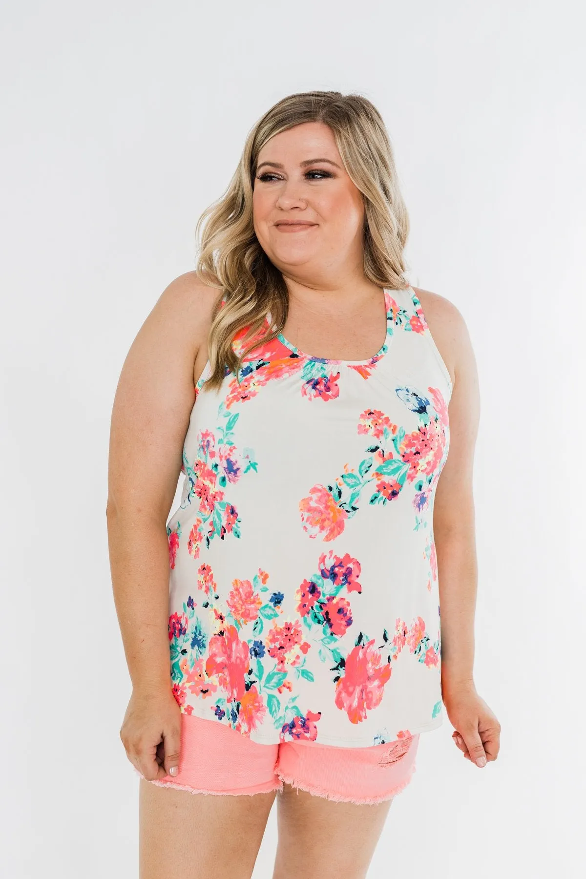 A Bright Floral Summer Tank- Ivory