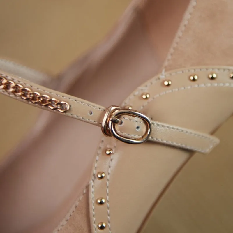 Leather Strap Mary Jane Pumps 65mm Kitty Heel Point Toe in Pink/Apricot