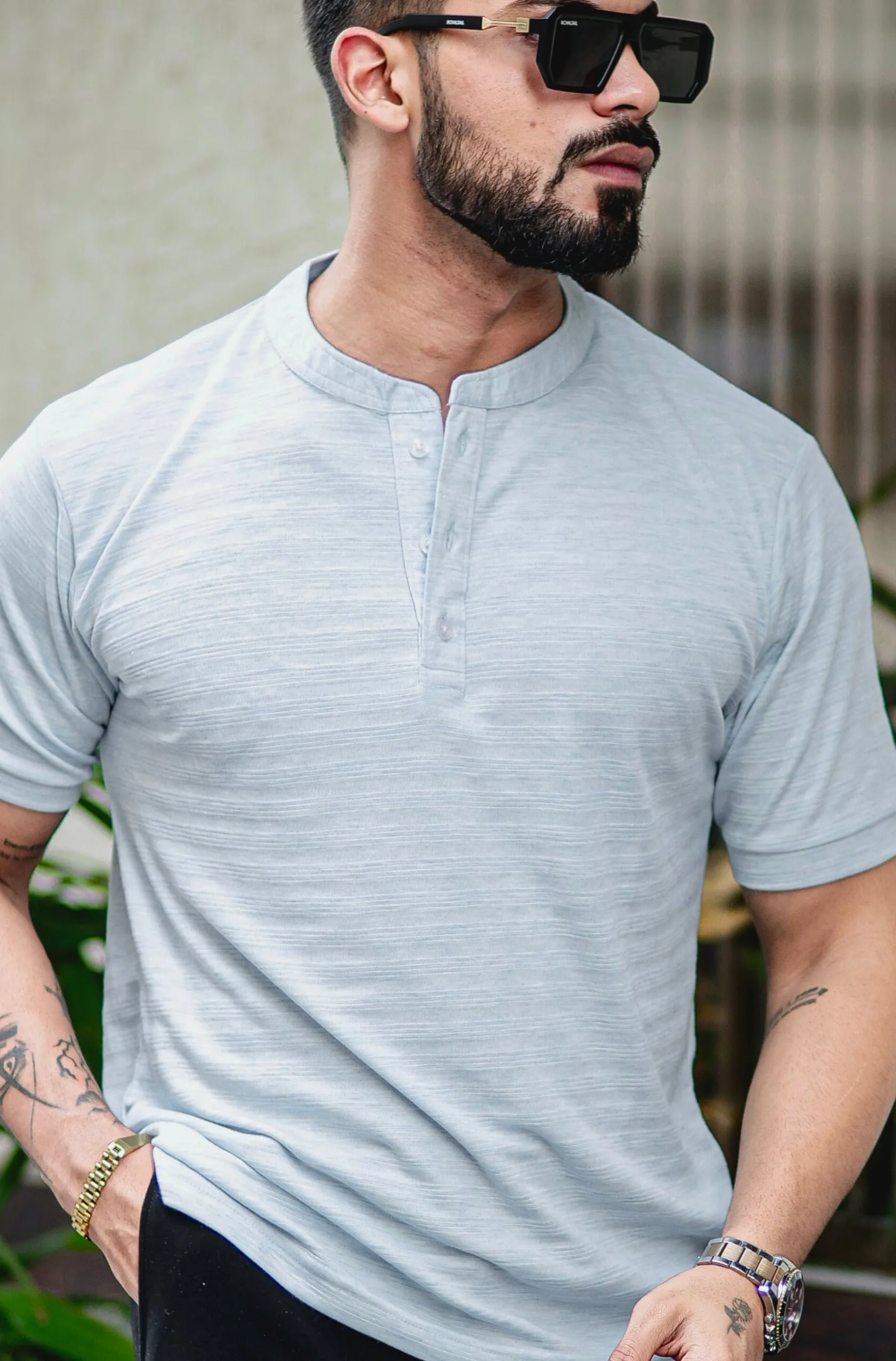 Light Blue Self Design Henley T-Shirt