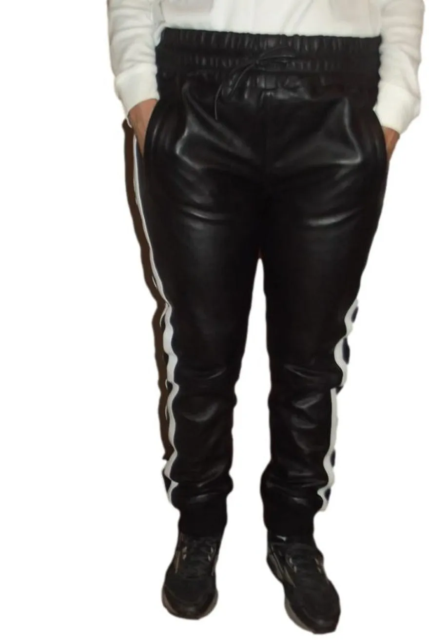 Mens Black Leather Jogging Pants