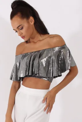 Silver Metallic Bardot Frill Crop Top - Ariana