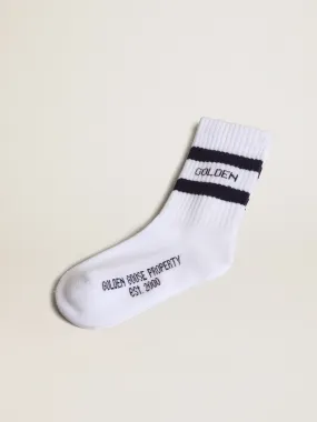 White cotton socks with navy-blue stripes and Golden Goose logo